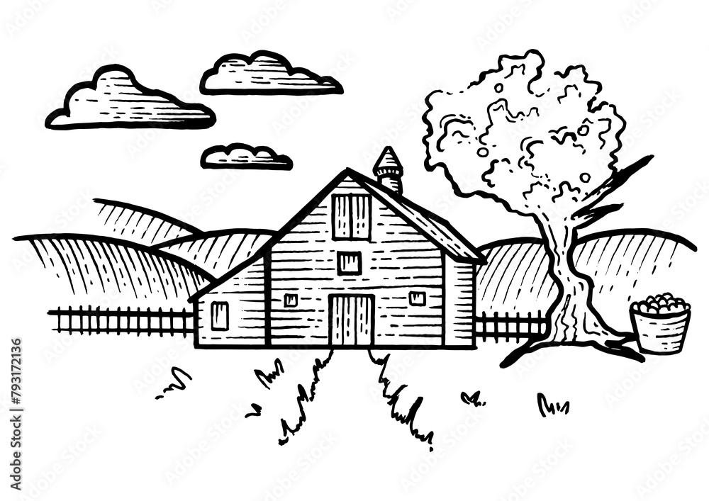 Naklejka premium Agricultural Farm rural landscape sketch engraving PNG illustration. Scratch board style imitation. Black and white hand drawn image.