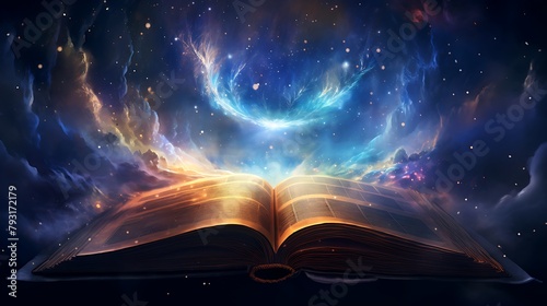 A book drifting through the cosmos, its pages filled with the mysteries of the universe waiting to be unraveled photo