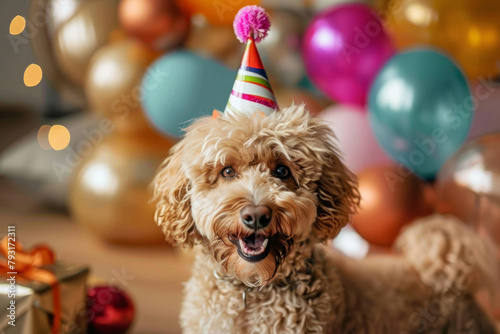 A cheerful cute labradoodle dog in a festive hat. Portrait of a smiling dog on a blurred festive background. Birthday.