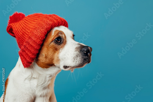 Portrait of a dog in a red knitted hat. A place for the text. Advertisement. The banner. © StokHunt