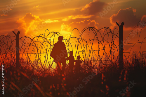 Silhouette A refugee family stands at the border and near the fence. World Refugee Day, World Volunteer Day, migration issues photo