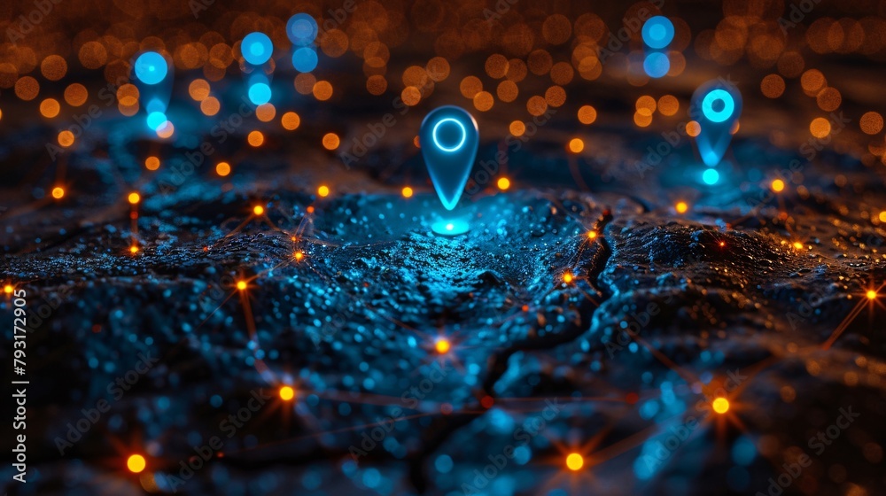 Digital GPS, neon map pin location. Innovation navigation technology concept, network connection, information pointers Digital GPS, neon map pin location. Innovation navigation technology concept, network connection, information pointers