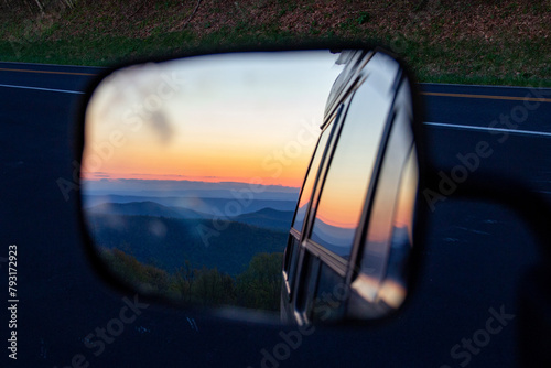 Sunset in car mirror