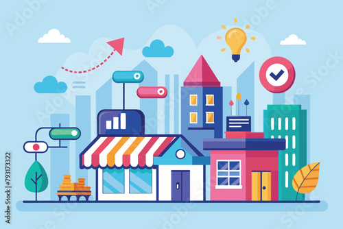 Colorful Cityscape With Buildings and Clock, franchise business scale concept business expansion ideas business growth and expand marketing, Simple and minimalist flat Vector Illustration