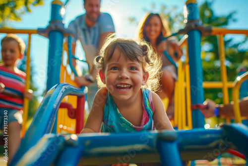 A small child plays on a slide with mom and dad. Happy family, family day