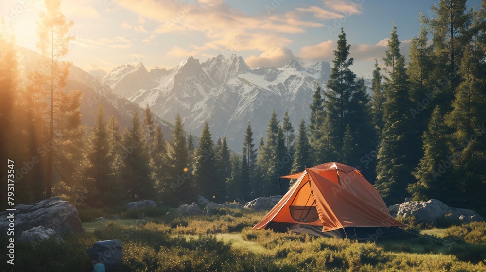 Camping tent, tourist camp in the forest. Outdoor adventure and summer concept, nature landscape