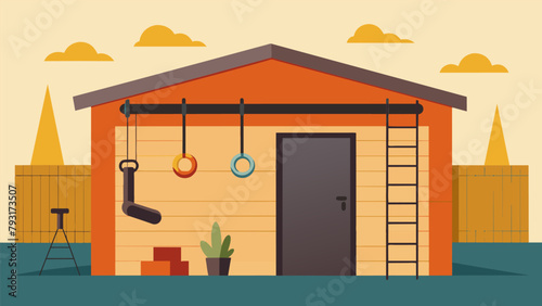 A backyard shed renovated into a home dojo featuring a wallmounted pullup bar kettlebells and a DIY climbing wall for a challenging workout.