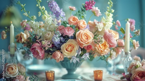   A vase, brimming with an abundance of flowers, rests atop a table Two votive candles flank it photo