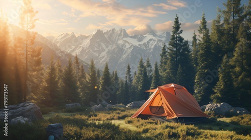 Camping tent, tourist camp in the forest. Outdoor adventure and summer concept, nature landscape