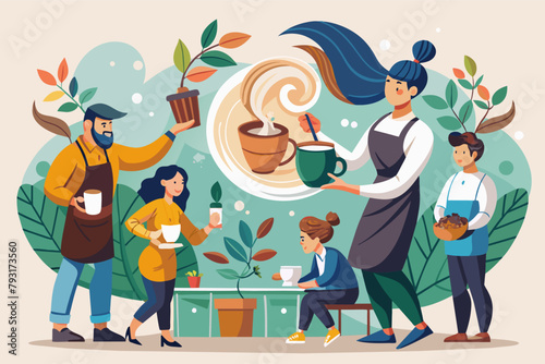 A barista pouring intricate latte art with a flourish, a line of impatient customers waiting behind.