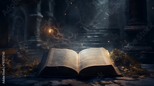 A book lying open on a stone altar in the midst of a mysterious ruin, its pages glowing with the remnants of ancient knowledge waiting to be uncovered