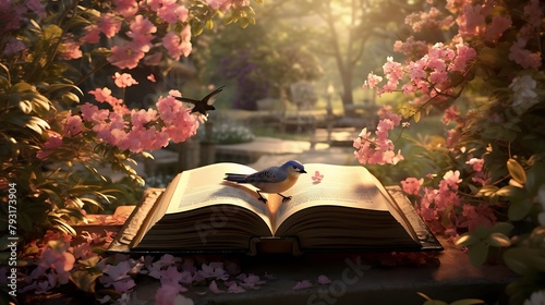 A book lying open on a table in the midst of a tranquil garden, its words intertwining with the fragrance of flowers and the chirping of birds photo