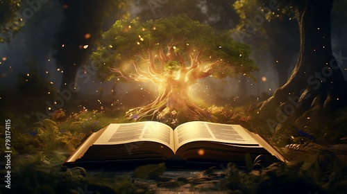 A book morphing into a majestic tree, its branches adorned with pages fluttering in the breeze of a mystical forest photo
