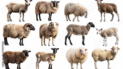 There are twelve head shots of various breeds of sheep against a white background. photo