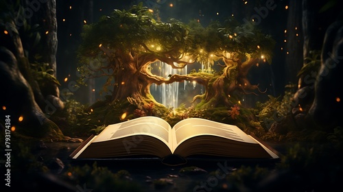 A book nestled among the branches of a towering tree, its pages fluttering in the wind like the leaves of the surrounding forest whispering ancient secrets