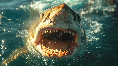Below the surface of the ocean is a view of the bottom of the shark. A large dangerous mouth with many teeth is open along with the shark swimming forward in the clear blue water. photo