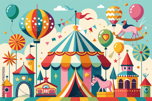 A birthday collage with a carnival theme, featuring carousel horses and circus tents