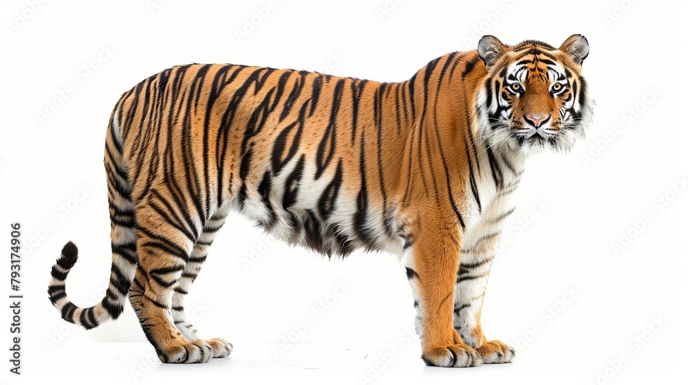 A tiger is standing on a white background. The tiger is looking to the right of the frame.