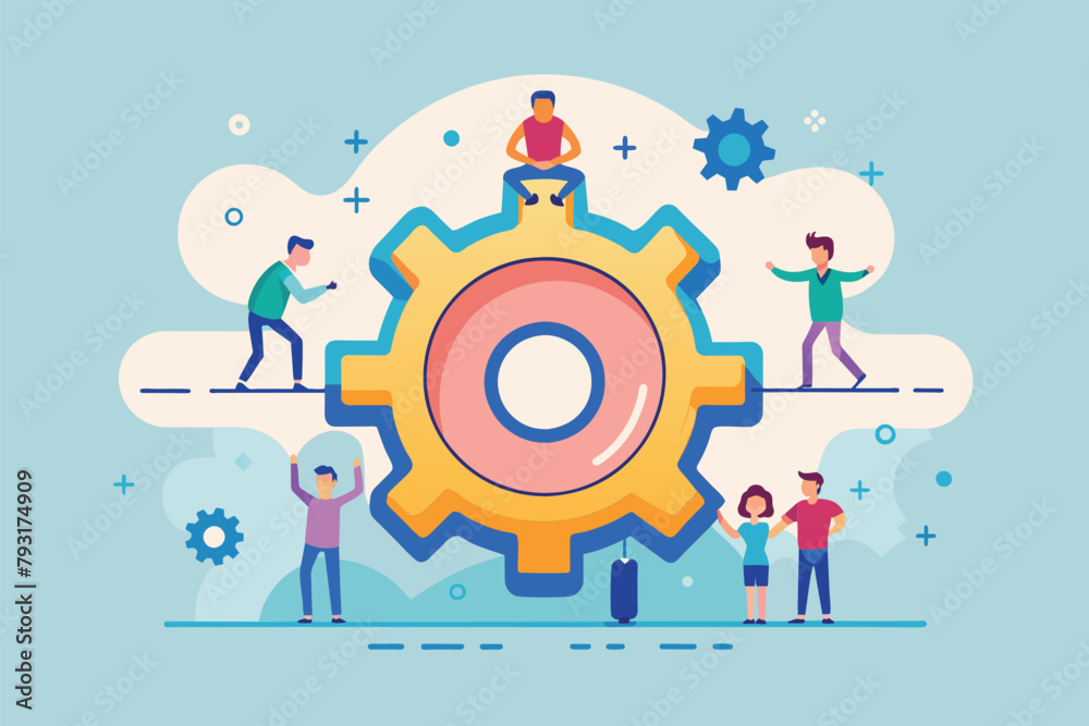 Group of People Standing Around a Gear Wheel, Gear, Goal-focused support and teamwork,system improvement, Simple and minimalist flat Vector Illustration
