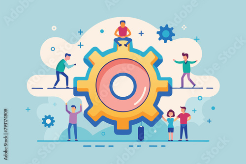 Group of People Standing Around a Gear Wheel  Gear  Goal-focused support and teamwork system improvement  Simple and minimalist flat Vector Illustration
