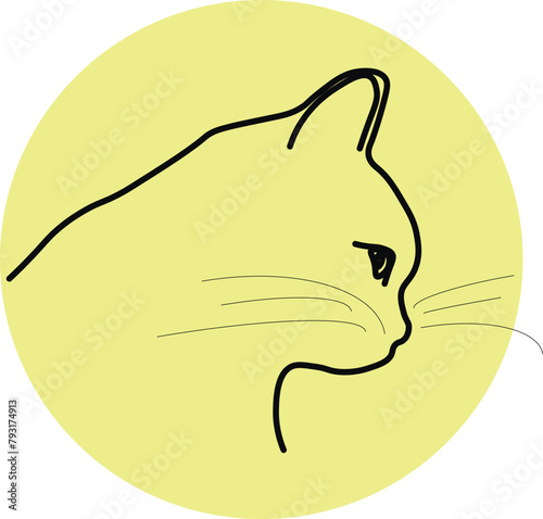 A simple line drawing. Silhouette of a cat's muzzle in a yellow circle. vector design eps 10