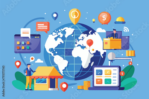 A man standing next to a globe, with various icons surrounding them, Global marketplace online business, marketing strategy, Simple and minimalist flat Vector Illustration