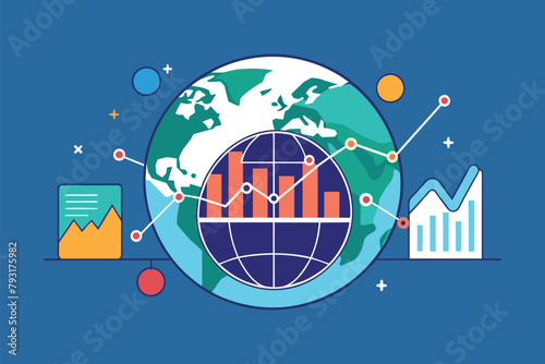 A blue background featuring a globe surrounded by various graphs, symbolizing global stock market analysis, Global stock market analysis metaphor, Simple and minimalist flat Vector Illustration