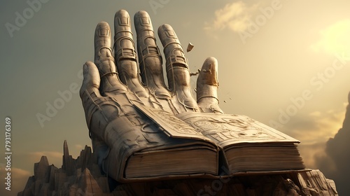 A book resting on the outstretched palm of a colossal statue, its weathered pages holding the secrets of a forgotten civilization