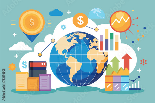 Globe Surrounded by Various Items, Global stock markets world or international investments financial analysis or business income growth, Simple and minimalist flat Vector Illustration