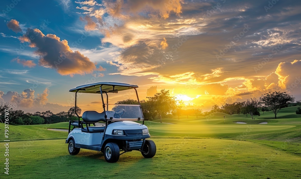 Golf cart car in fairway of golf course with fresh green grass field and cloudy sky and tree on sunset time