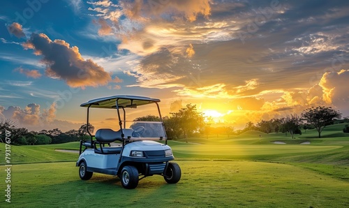 Golf cart car in fairway of golf course with fresh green grass field and cloudy sky and tree on sunset time