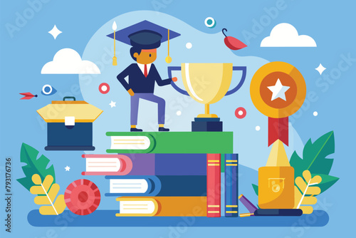 A man stands on a stack of books  symbolizing education  knowledge  and success  Goal achievement  career promotion  school graduation  trending  Simple and minimalist flat Vector Illustration