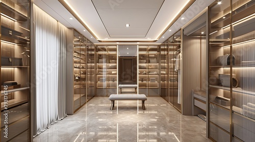 Modern luxury dressing room with large glass shelves containing items
