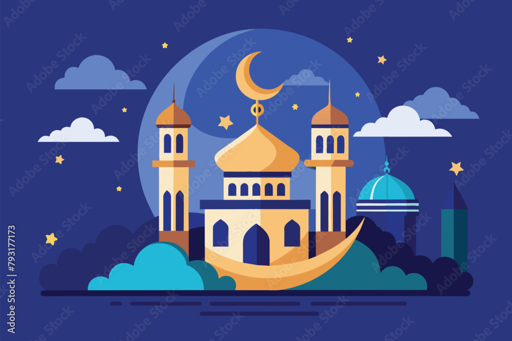 A mosque featuring a crescent symbol in the middle, symbolizing Islamic culture and traditions, Greeting ramadan kareem, Eid al fitr moment Simple and minimalist flat Vector Illustration