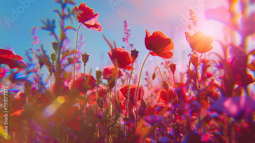 Beautiful field of red poppies in the sunset light. © ksu_ok