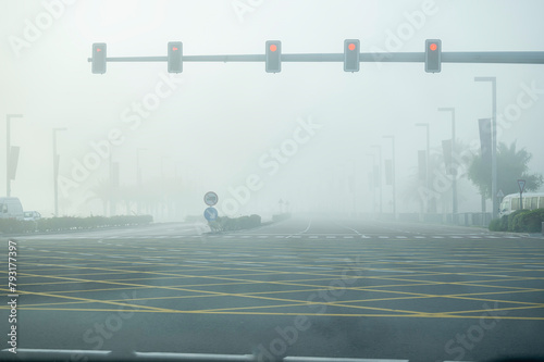 Doha, Qatar - September 09, 2023: Doha Corniche in foggy morning. No face photo