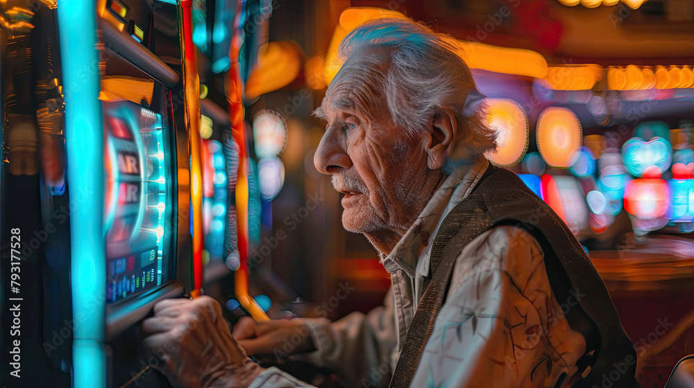 Elderly man gambler playing slot machine in casino