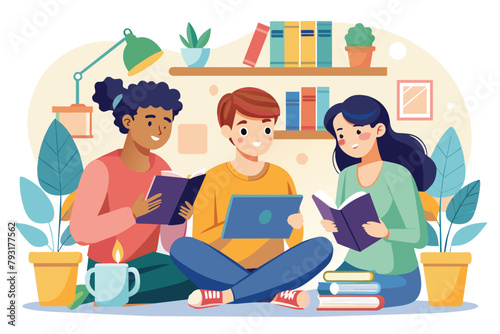 A group of friends sitting on the floor, engrossed in reading books together at home, Group of friends with books meet at home study together, Simple and minimalist flat Vector Illustration