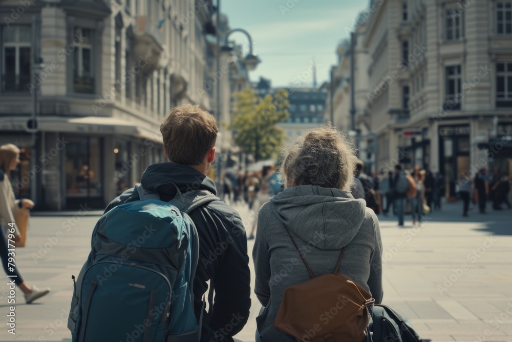 Back view of two young people walking on the street in Paris, France