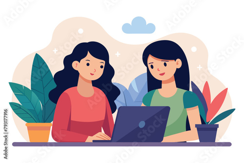 Two women sitting at a table, focused on a laptop screen, Group work with two women trending, Simple and minimalist flat Vector Illustration