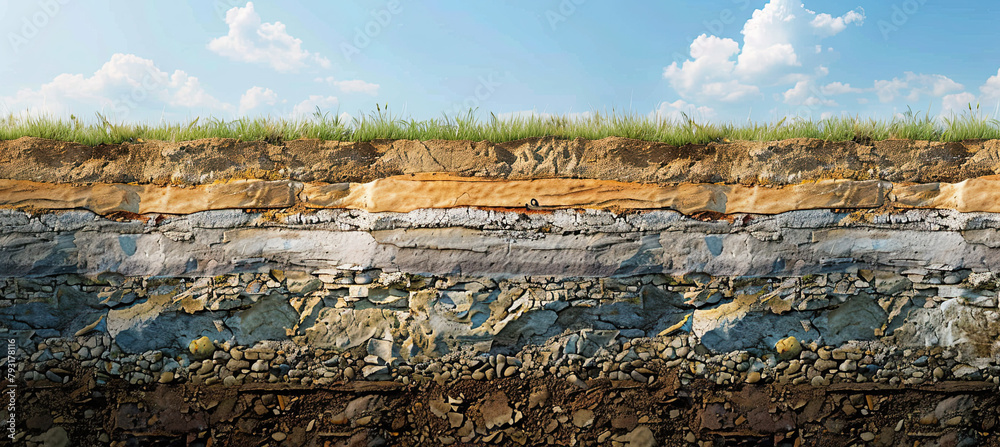 Section of soil with underground water, layers of earth and rocks Stock ...