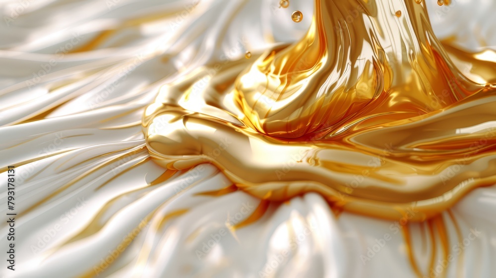   A white bedspread is topped with a golden liquid within a container, not directly on the comforter - obrazy, fototapety, plakaty 