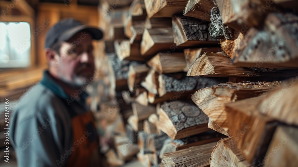 A stack of firewood takes center stage with a worker blurred in the background