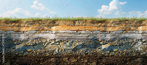 Section of soil with underground water, layers of earth and rocks