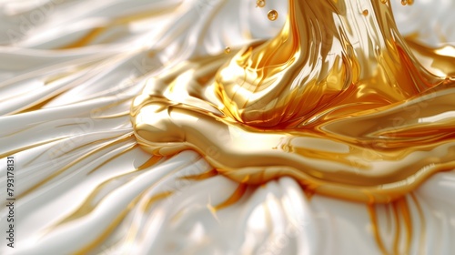   A white bedspread is topped with a golden liquid within a container, not directly on the comforter