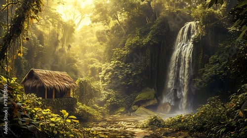 A hut nestled beneath cascading waterfalls, its wooden structure shrouded in mist, offering a serene retreat surrounded by the relentless beauty of flowing water photo