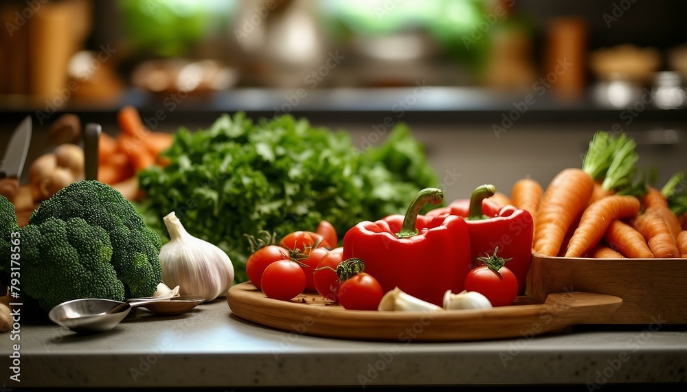 A closeup of a variety of fresh vegetables on a table in front of meal preparation area. A closeup of a variety of fresh vegetables on a table in front of meal preparation area.