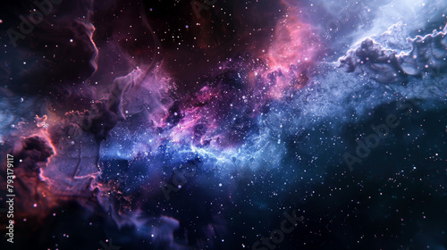 An artistic representation of space on a dark background. A fascinating fairy-tale landscape in space. The galaxy, the sky, these stars on a blue-purple background photo
