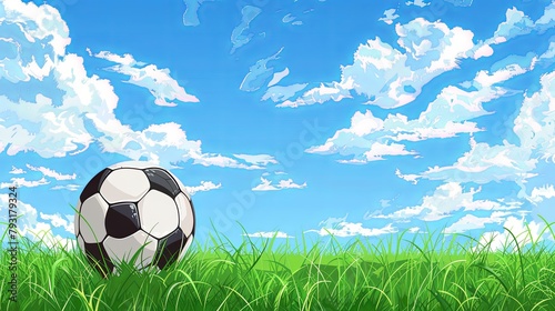 Soccer ball on grass with scenic sky and cloud illustration