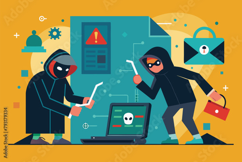 A couple of individuals collaborating and working on a laptop computer, Hackers break into data, Simple and minimalist flat Vector Illustration